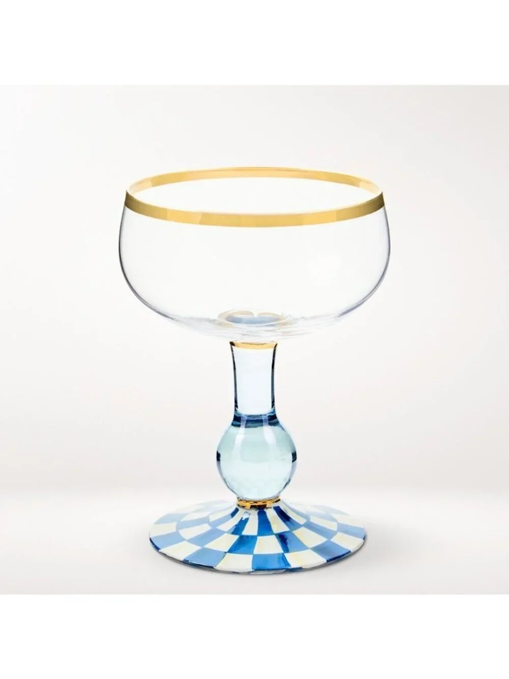 MacKenzie-Childs Royal Check Coupe Glass Gold Rim Hand Painted NEW